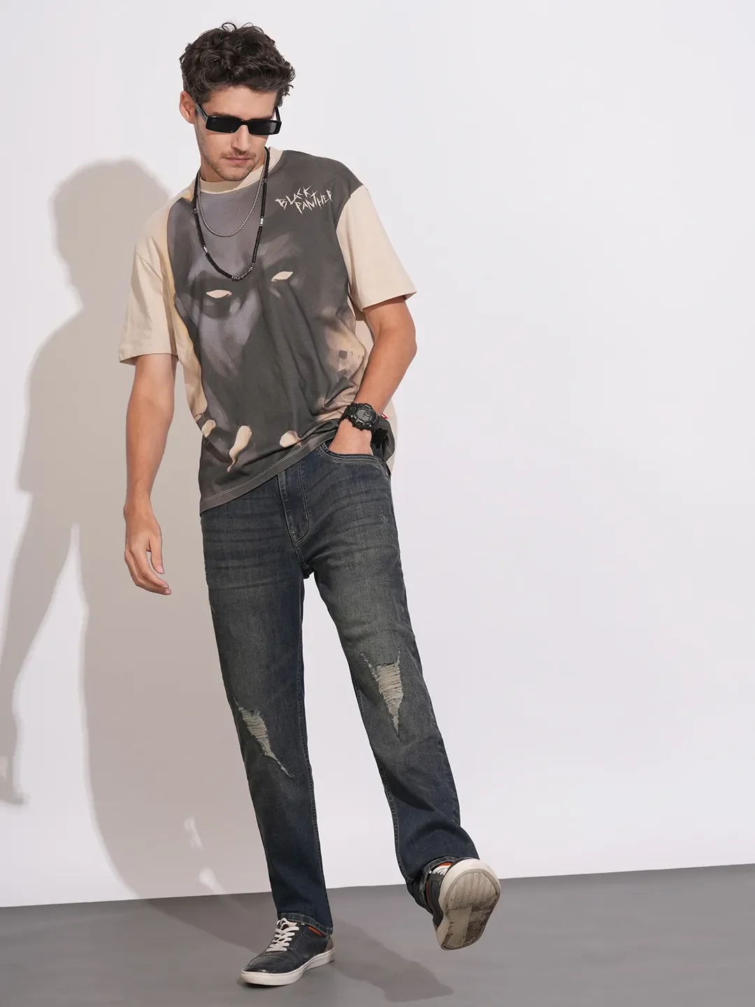 Beige Easy Fit Round Neck Men's T-Shirt by Being Human Clothing - Image 4