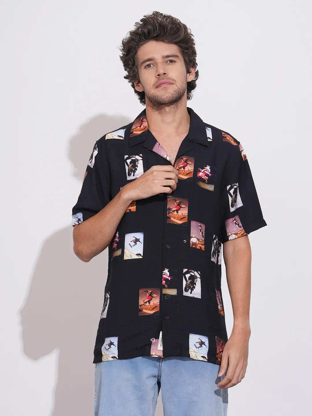Black Easy Fit Regular Collar Short Sleeves Viscose Blend Men's Shirt by Being Human Clothing