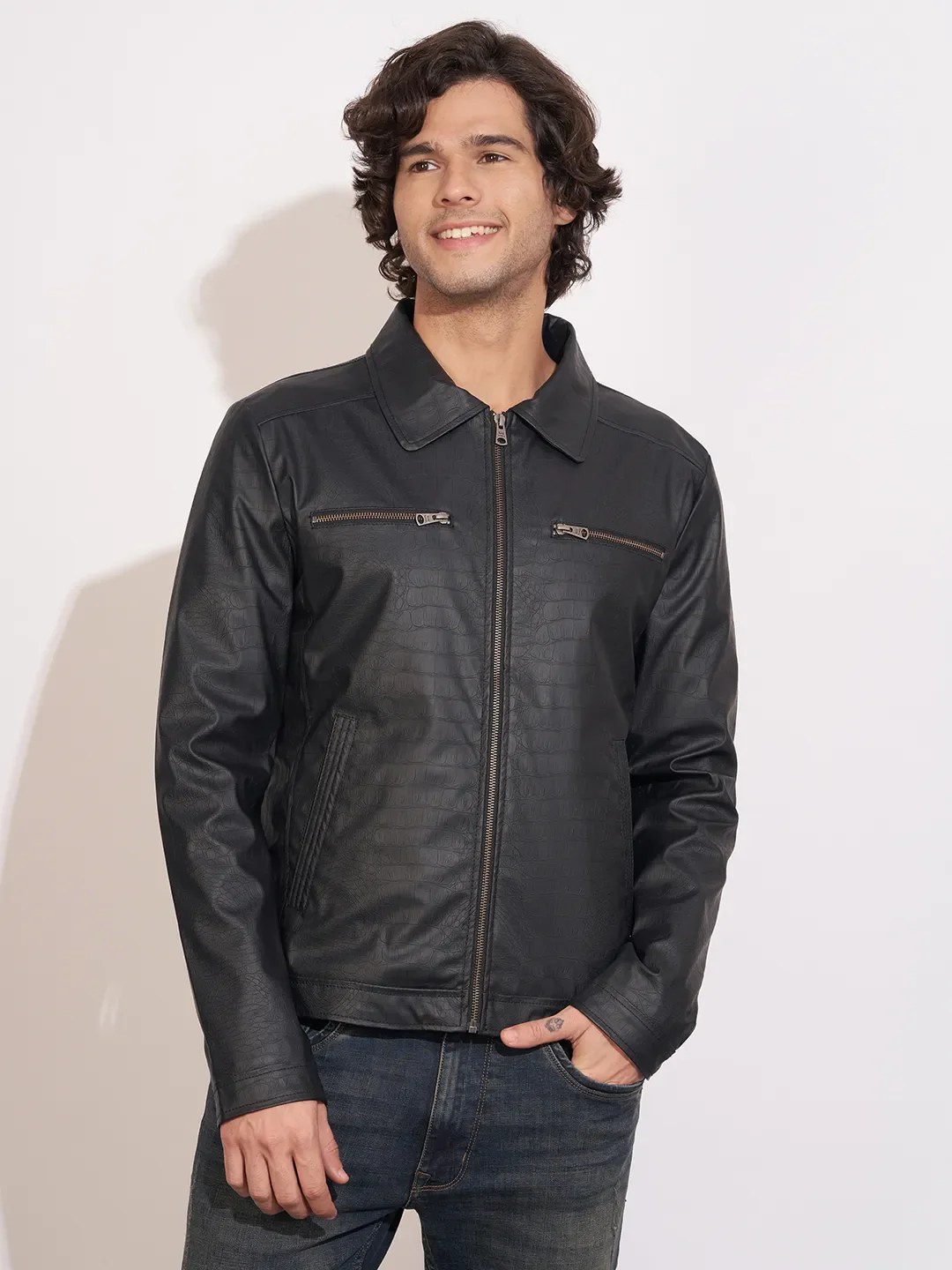 Black Regular Fit Long Sleeves Polyester Men's Jacket by Being Human Clothing