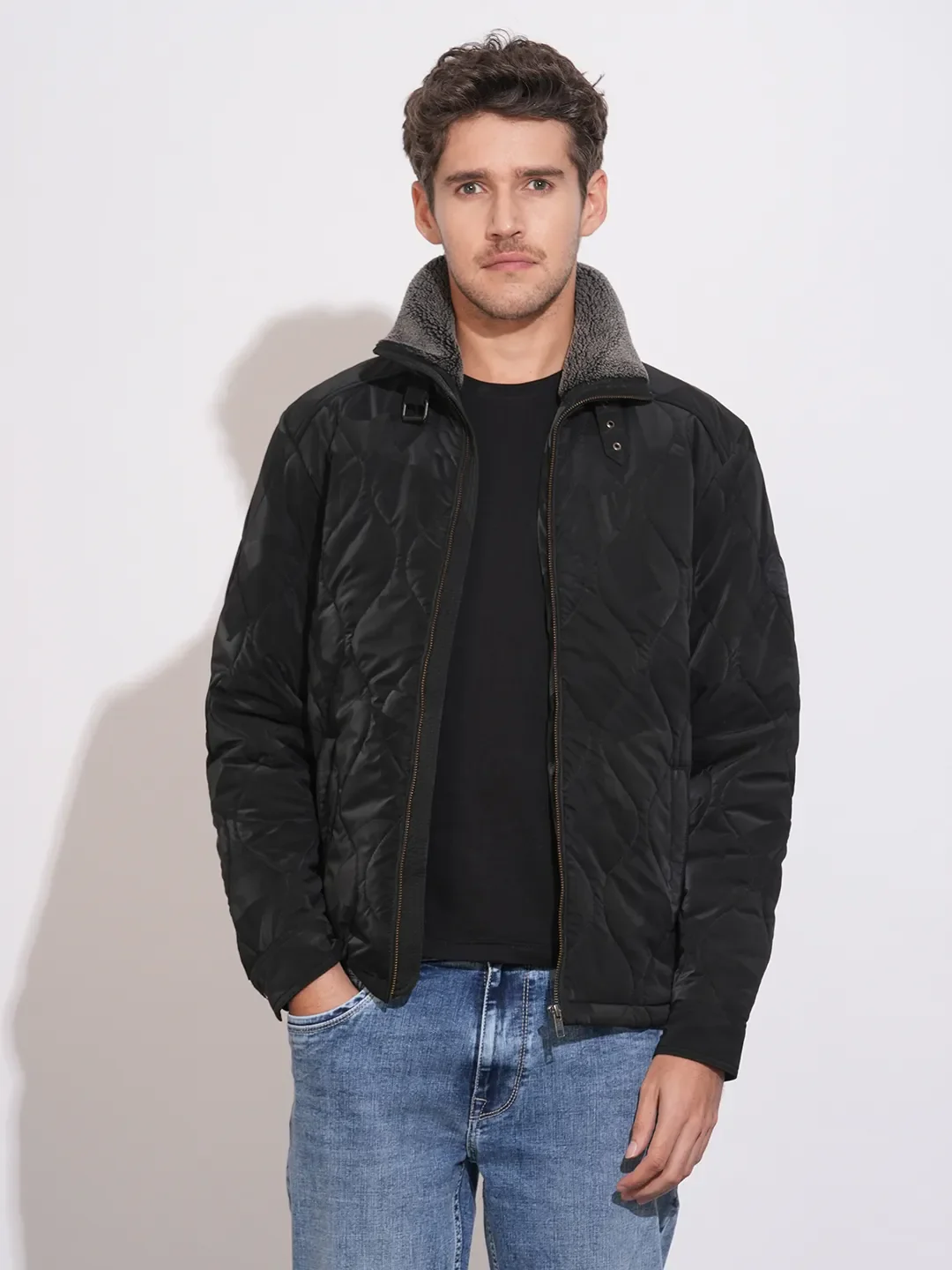 Black Regular Fit Long Sleeves Polyester Men's Jacket by Being Human Clothing