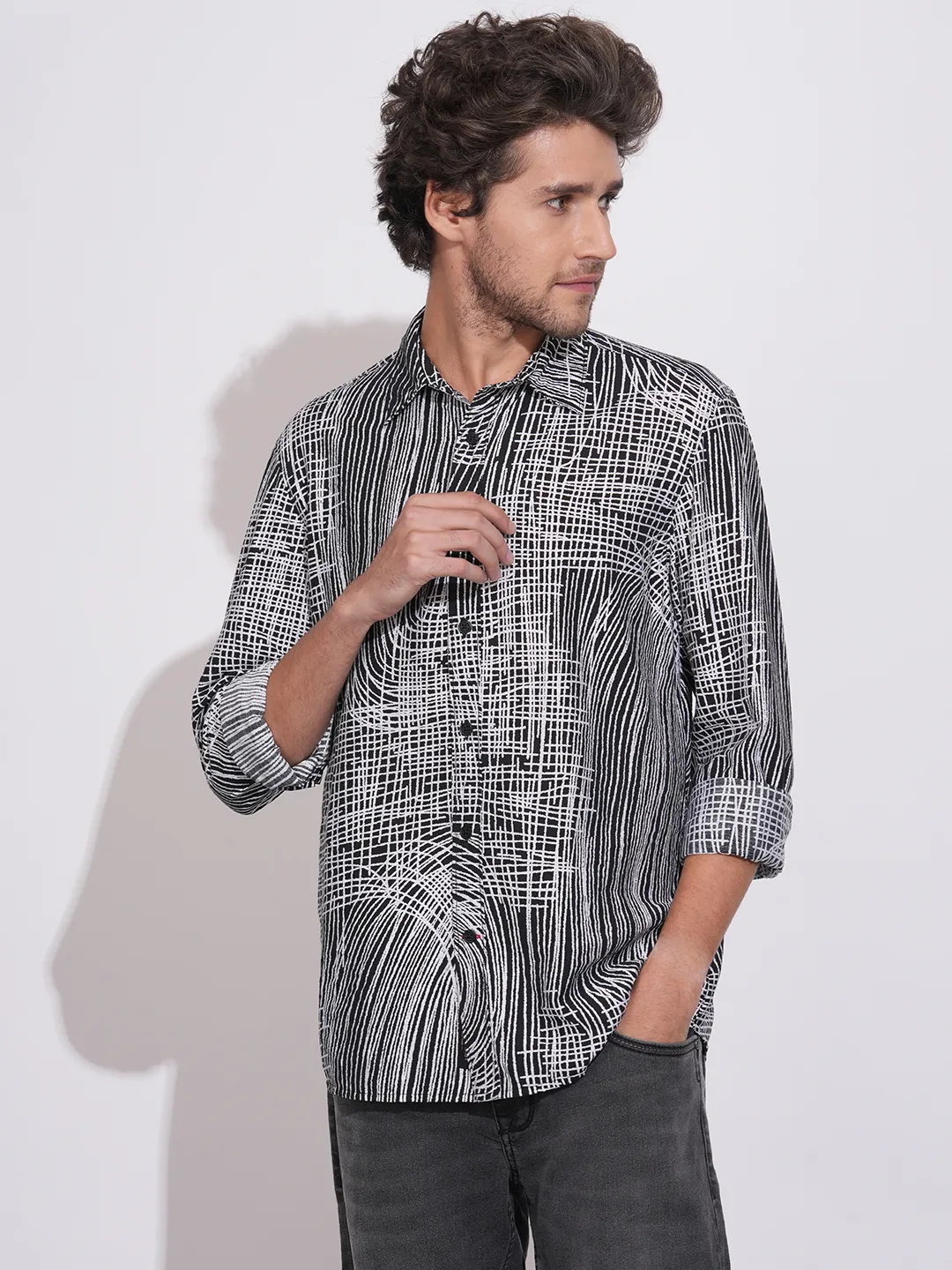 Black Moderno Fit Regular Collar Long Sleeves Viscose Blend Men's Shirt by Being Human Clothing