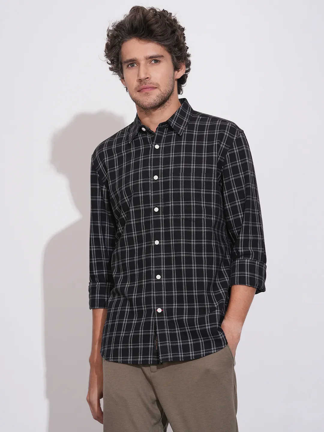 Black Regular Fit Regular Collar Men's Shirt by Being Human Clothing
