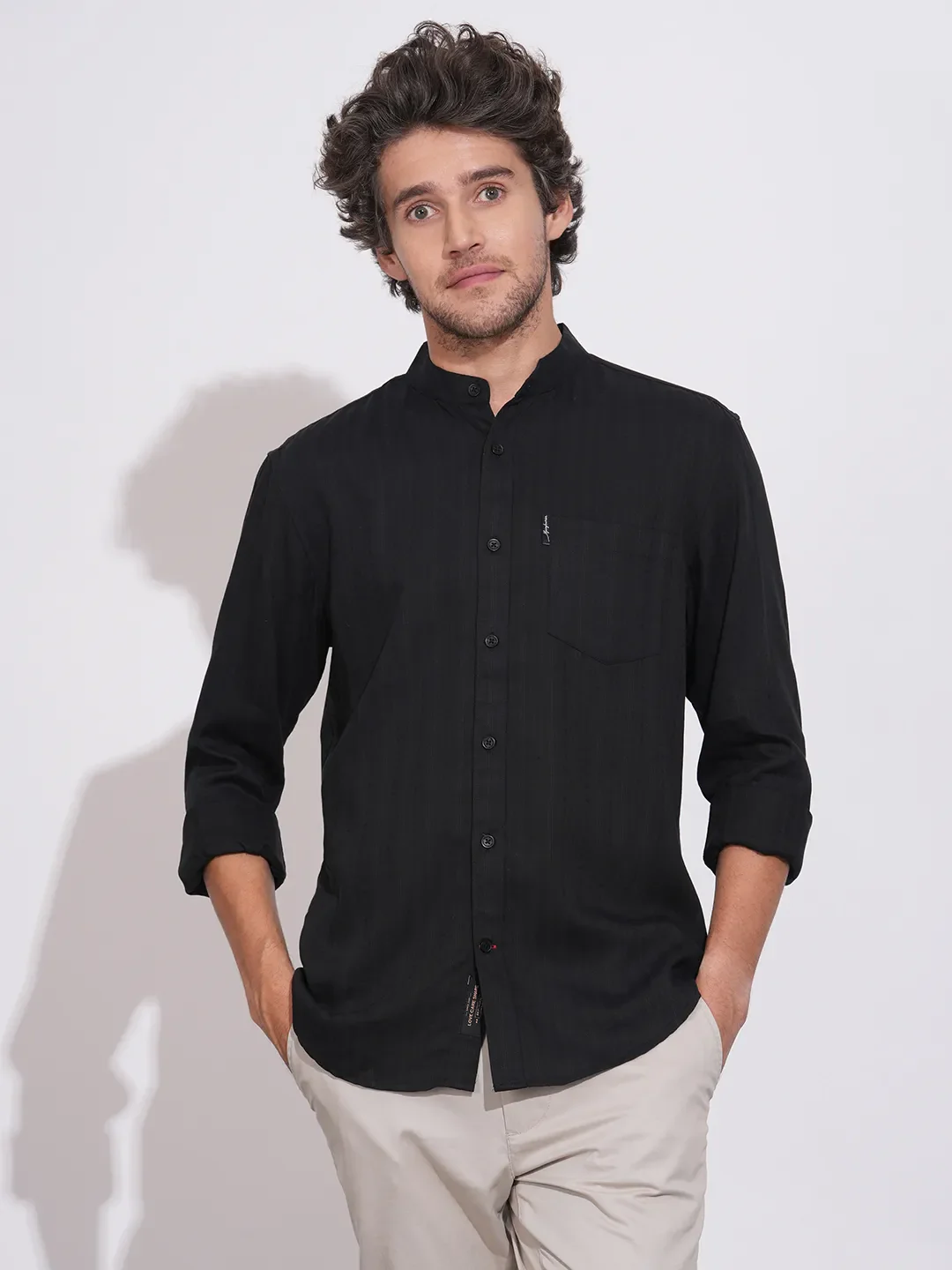 Black Moderno Fit Regular Collar Long Sleeves Tencil Men's Shirt by Being Human Clothing