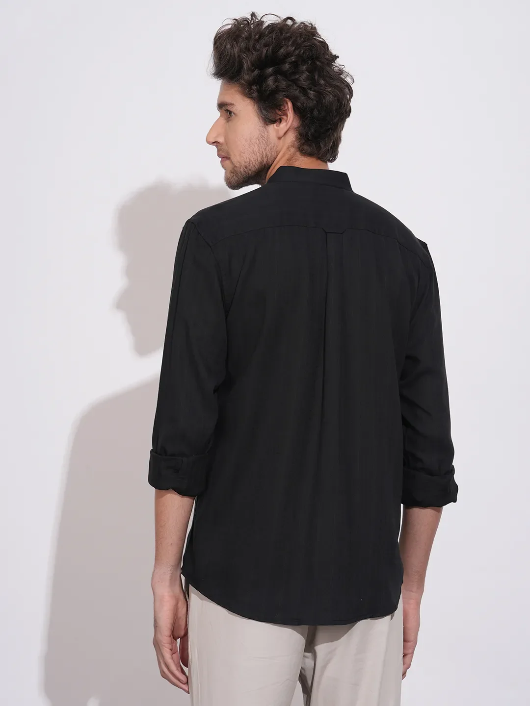 Black Moderno Fit Regular Collar Long Sleeves Tencil Men's Shirt by Being Human Clothing - Image 3