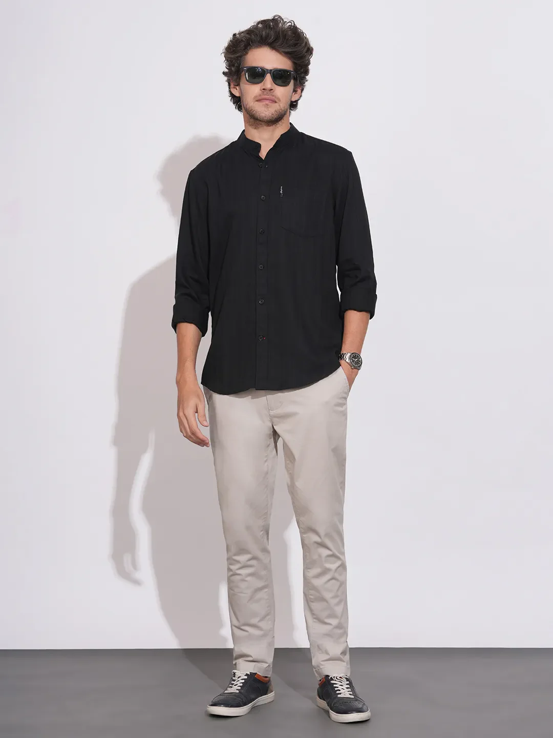 Black Moderno Fit Regular Collar Long Sleeves Tencil Men's Shirt by Being Human Clothing - Image 4