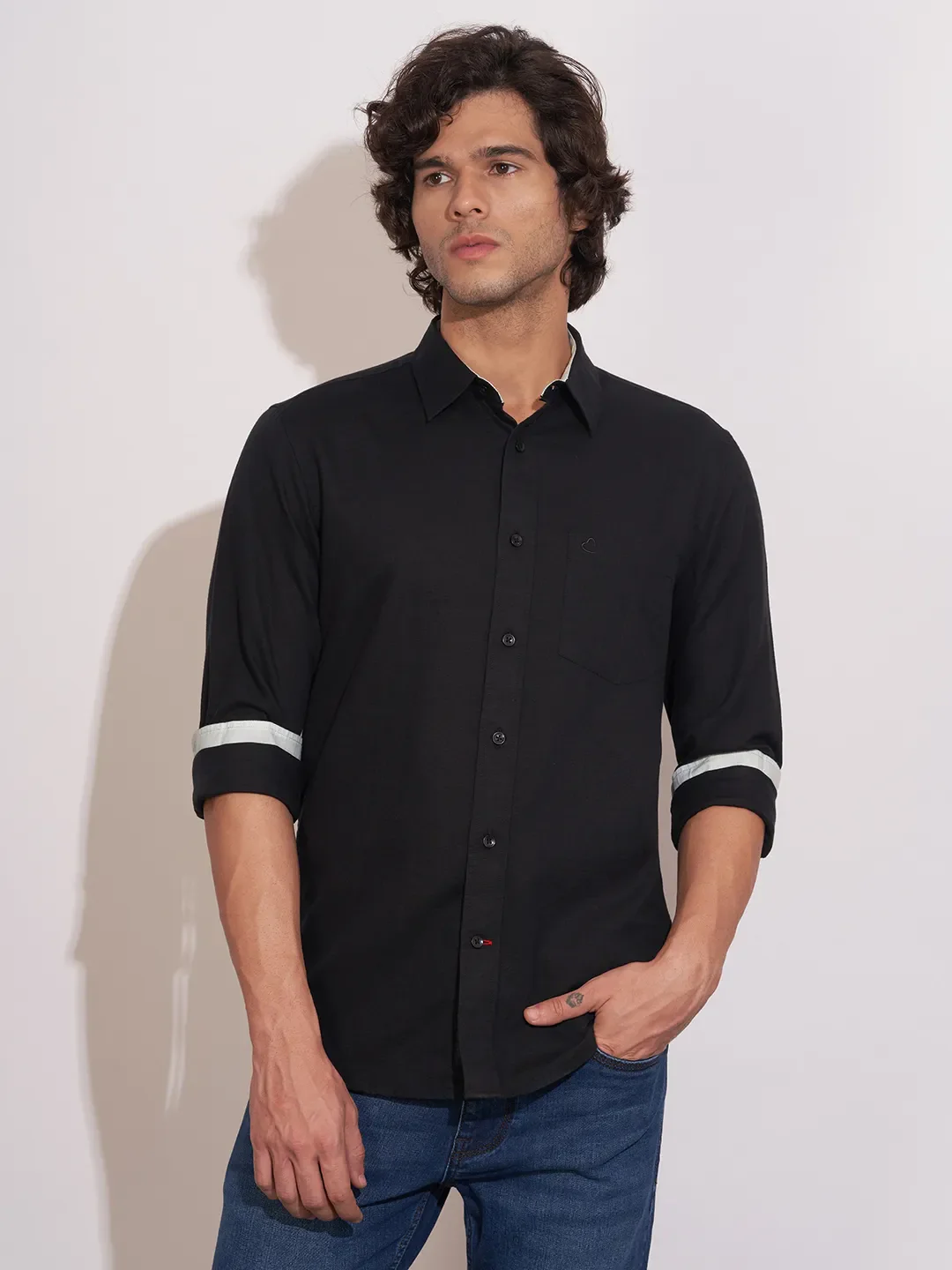 Black Regular Fit Regular Collar Men's Shirt by Being Human Clothing