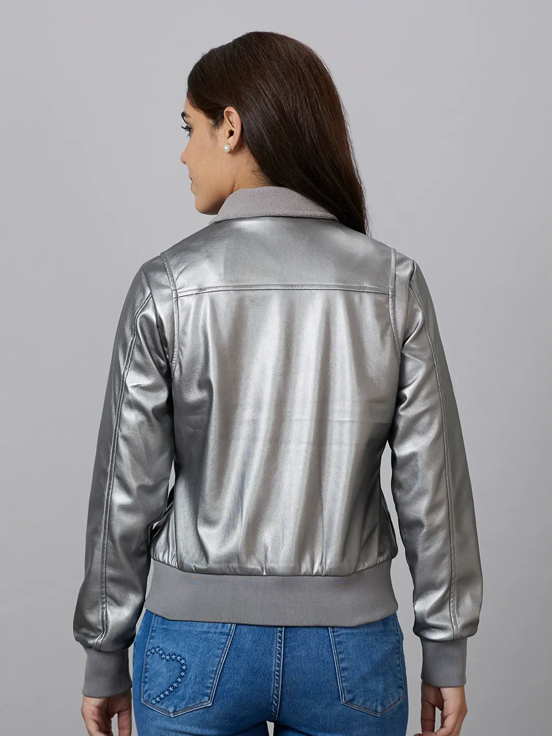 Silver Bomber Semi Fit Long Sleeve Women's Jacket By Being Human Clothing - Image 3