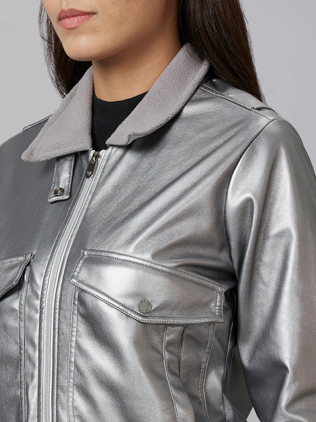 Silver Bomber Semi Fit Long Sleeve Women's Jacket By Being Human Clothing - Image 5