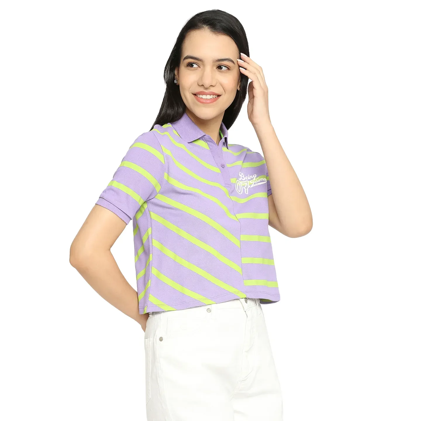 Lilac Boxy Fit Women's Cotton Short Sleeve Polo T-Shirt By Being Human Clothing - Image 3
