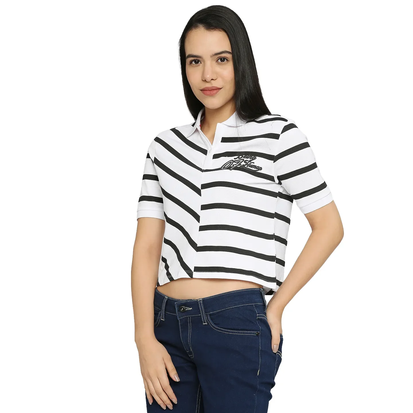 White Boxy Fit Polo Collar Short Sleeves Cotton Women's T-Shirt by Being Human Clothing