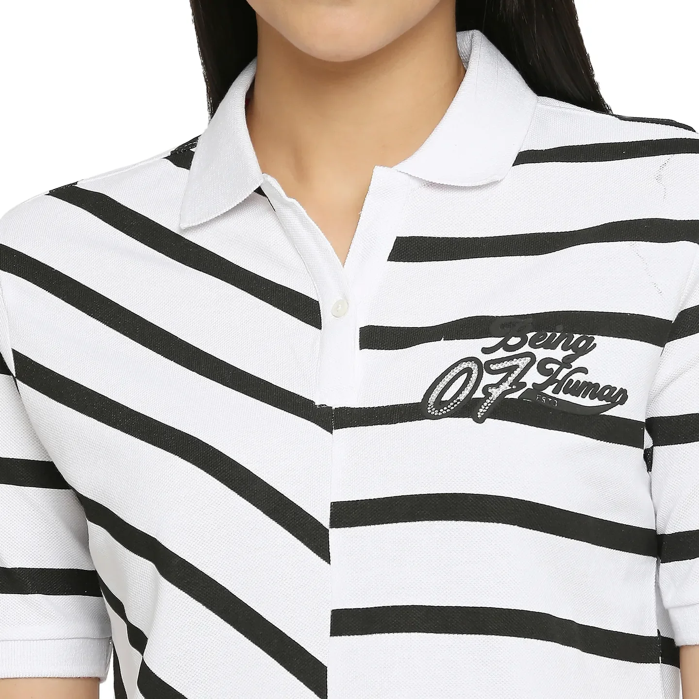 White Boxy Fit Polo Collar Short Sleeves Cotton Women's T-Shirt by Being Human Clothing - Image 5