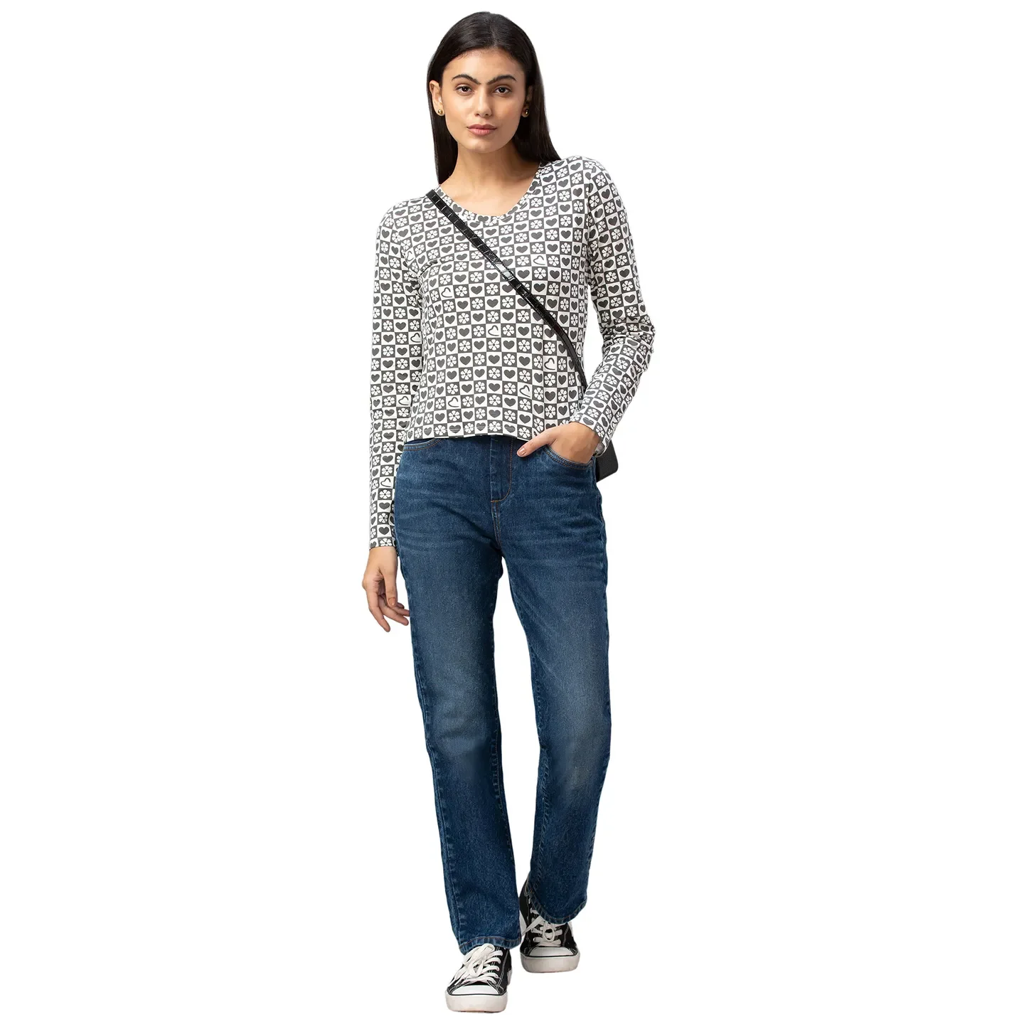 Charcoal Slim Fit Women's Cotton Long Sleeve Cropped T-Shirt By Being Human Clothing - Image 5