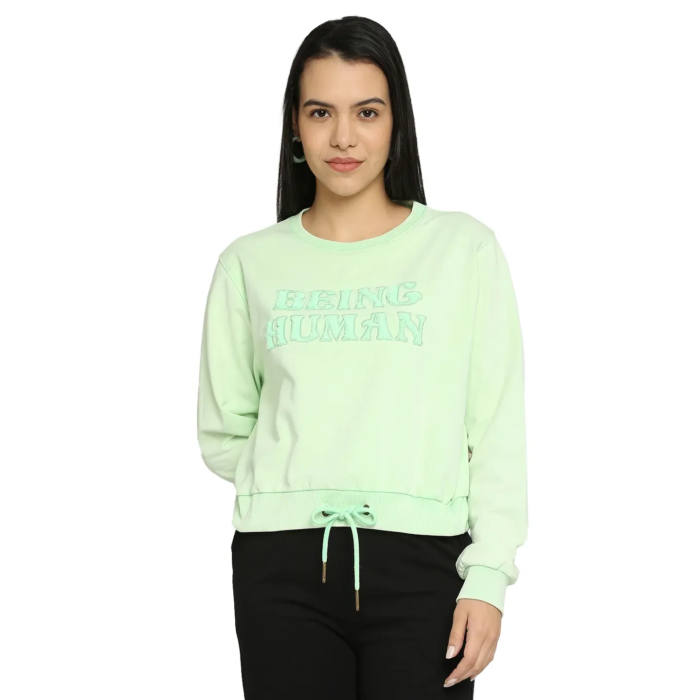 Green Boxy Fit Round Neck Long Sleeves Cotton Women's Sweatshirt by Being Human Clothing
