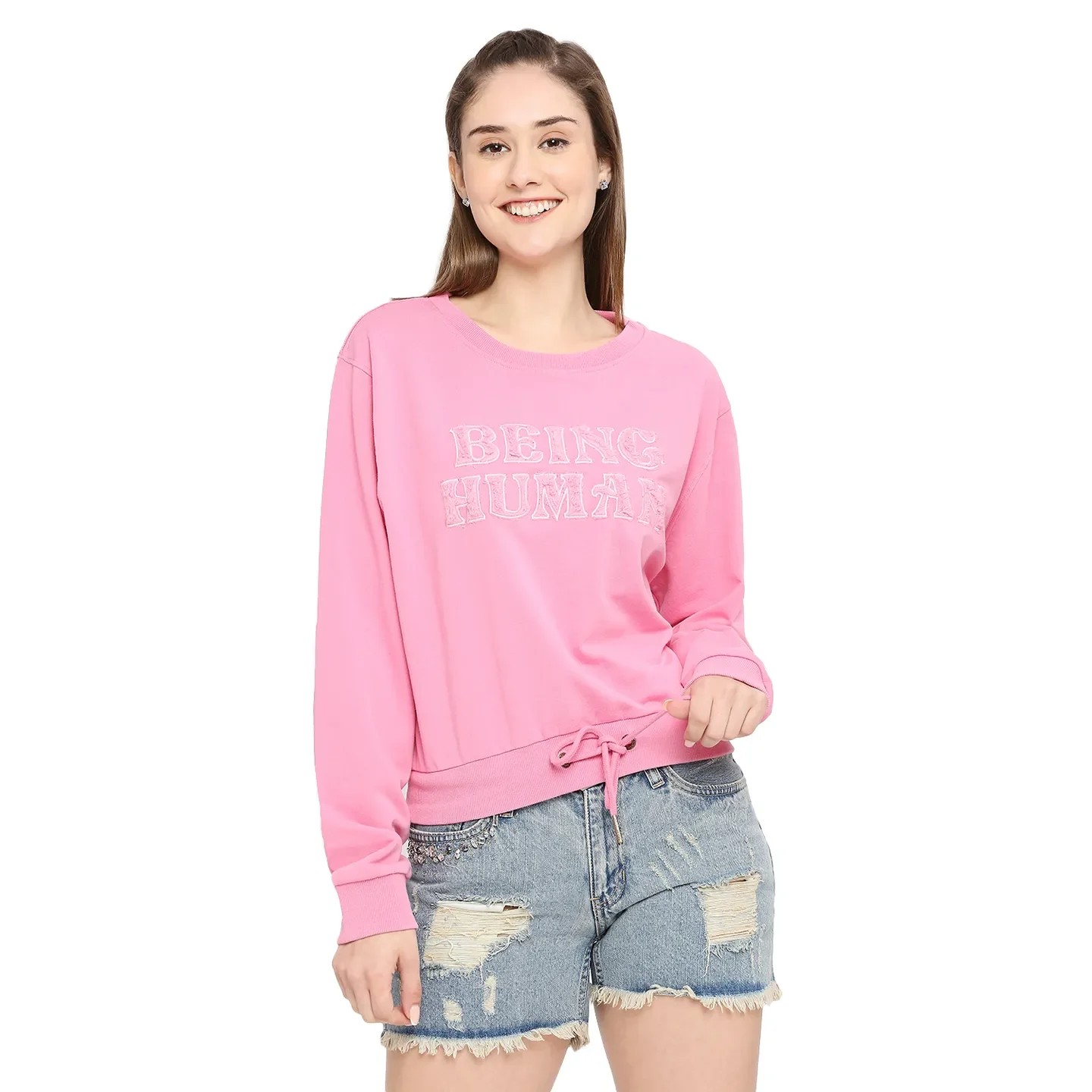 Pink Boxy Fit Round Neck Long Sleeves Cotton Women's Sweatshirt by Being Human Clothing