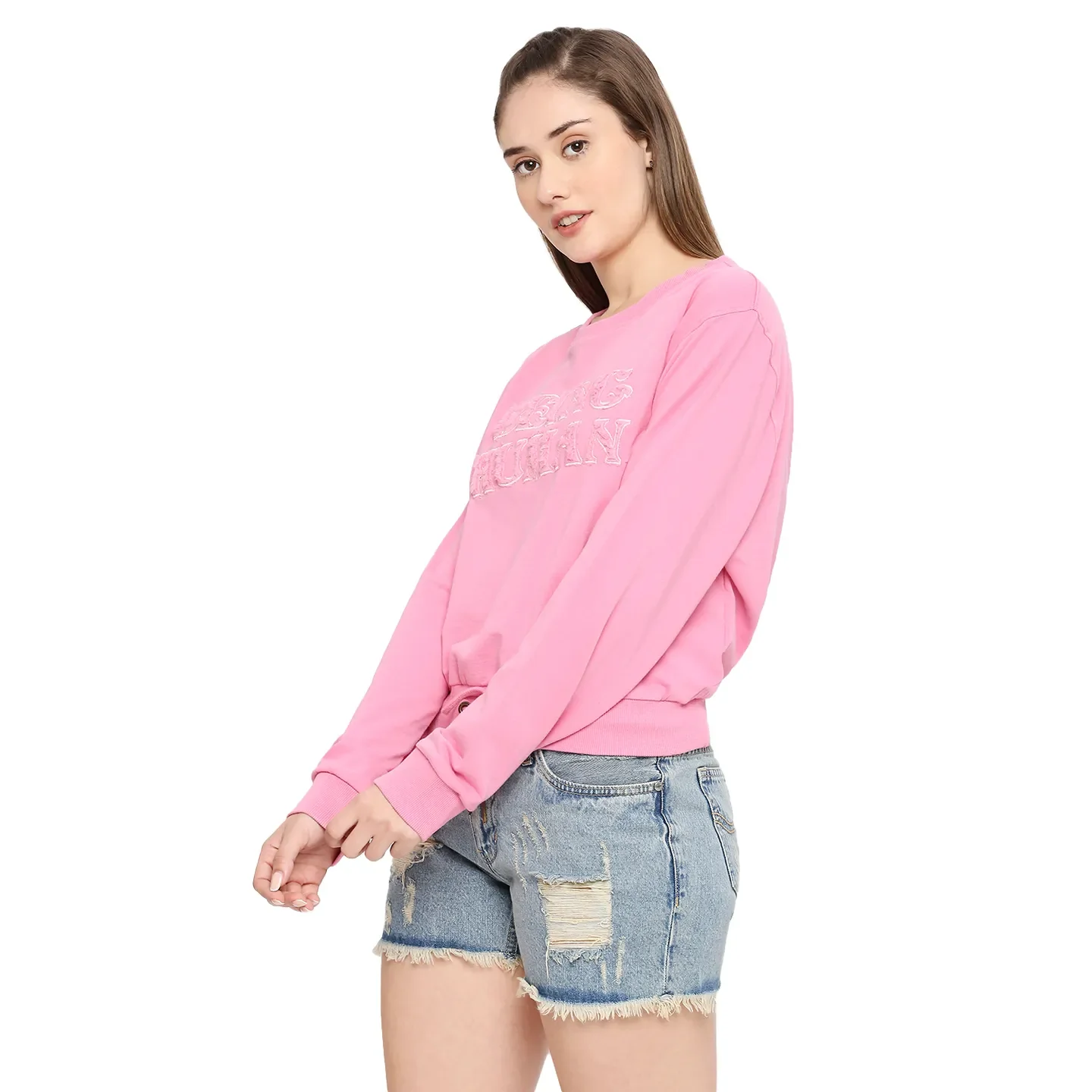 Pink Boxy Fit Round Neck Long Sleeves Cotton Women's Sweatshirt by Being Human Clothing - Image 2
