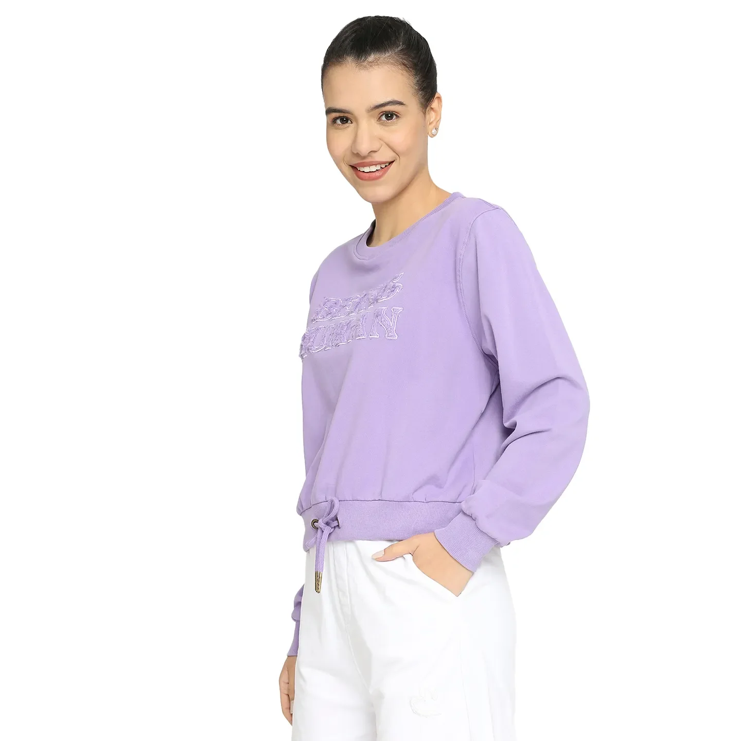 Beige Boxy Fit Round Neck Long Sleeves Cotton Women's Sweatshirt by Being Human Clothing - Image 2