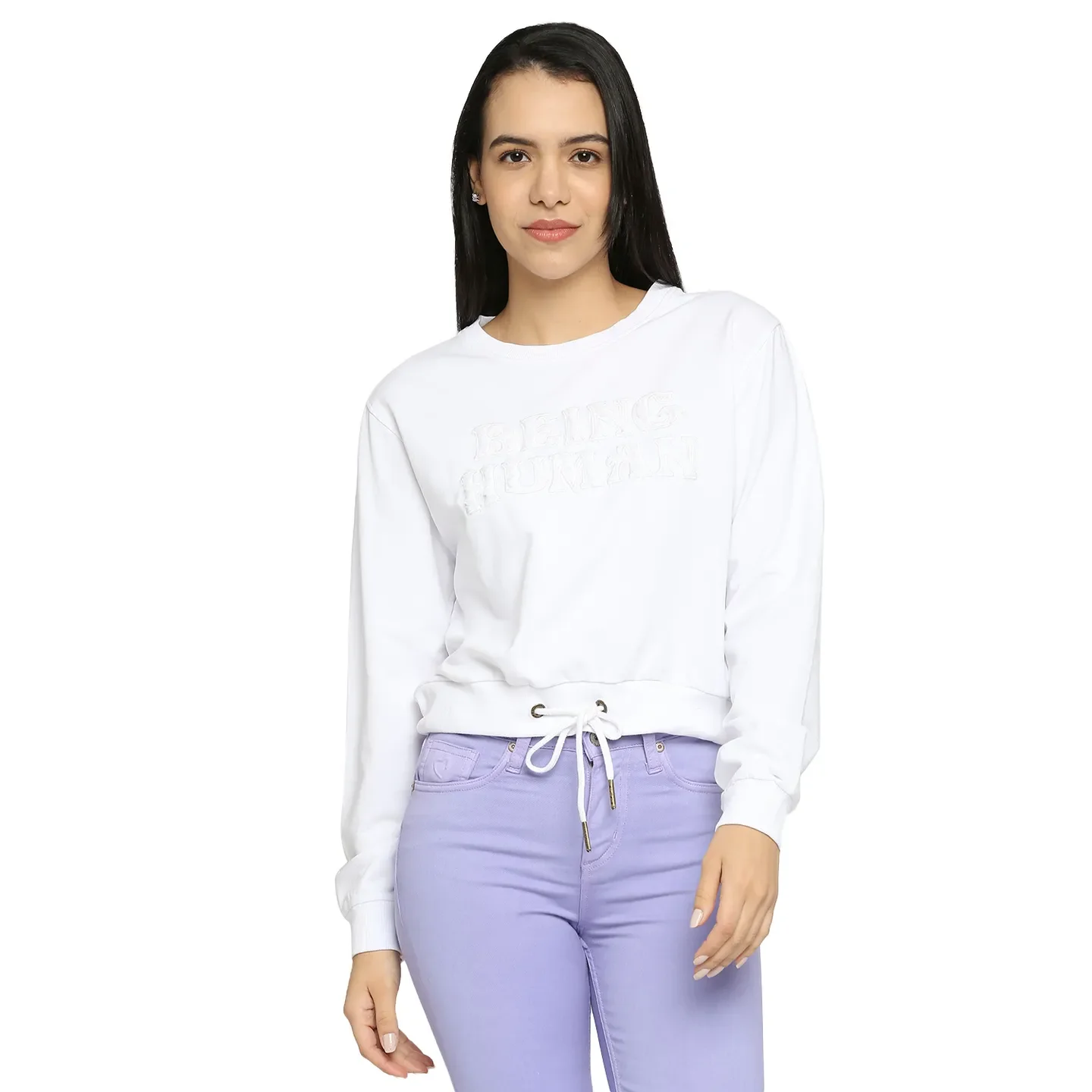White Boxy Fit Round Neck Long Sleeves Cotton Women's Sweatshirt by Being Human Clothing