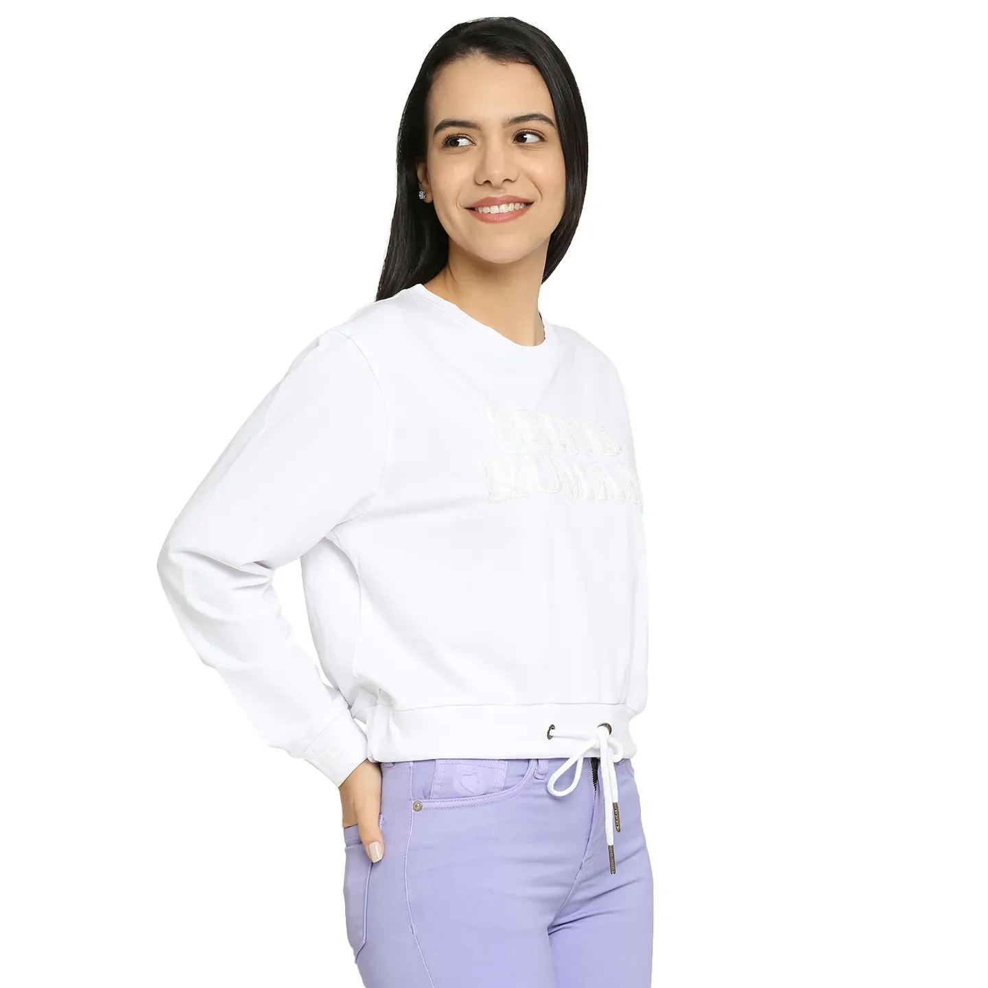 White Boxy Fit Round Neck Long Sleeves Cotton Women's Sweatshirt by Being Human Clothing - Image 3