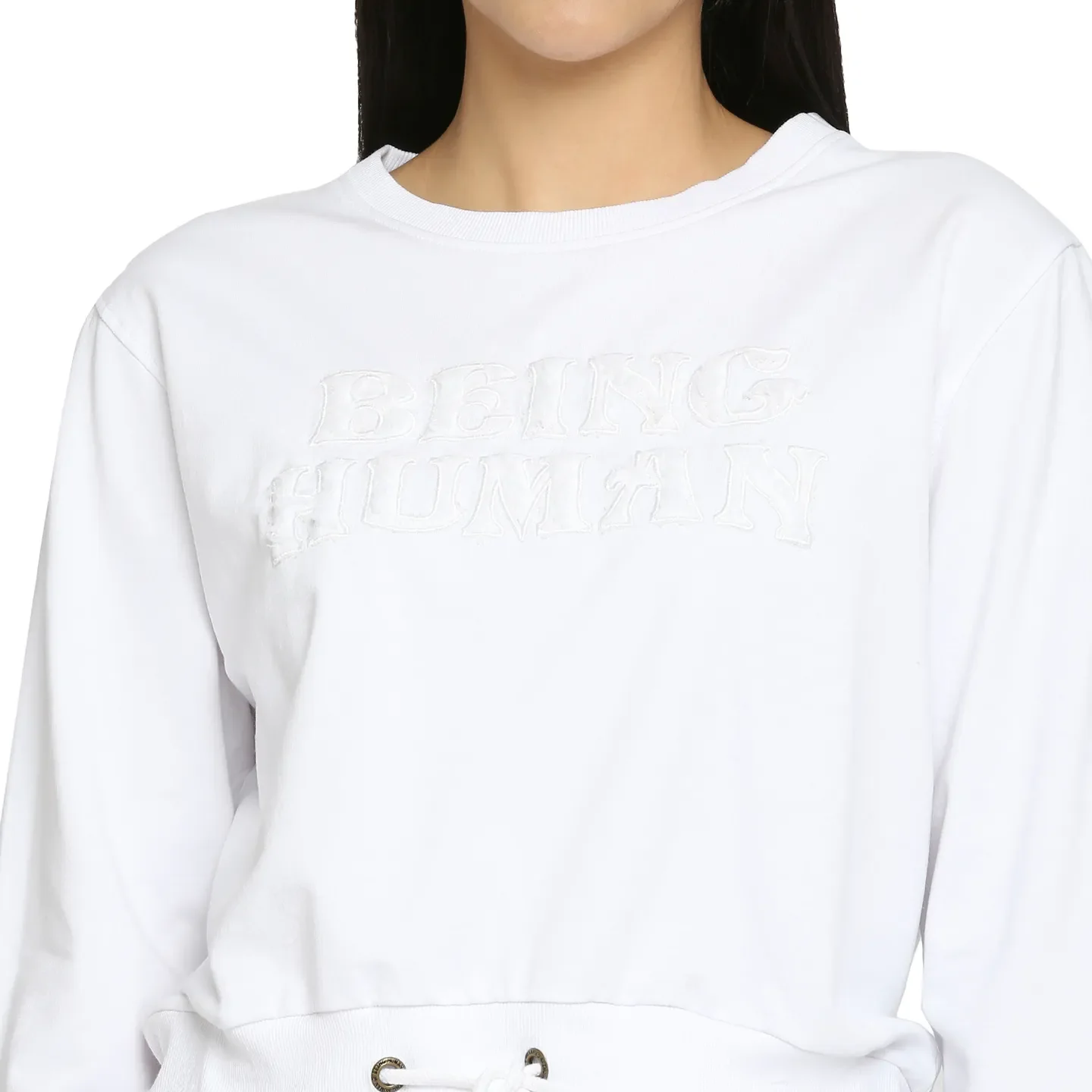 White Boxy Fit Round Neck Long Sleeves Cotton Women's Sweatshirt by Being Human Clothing - Image 5