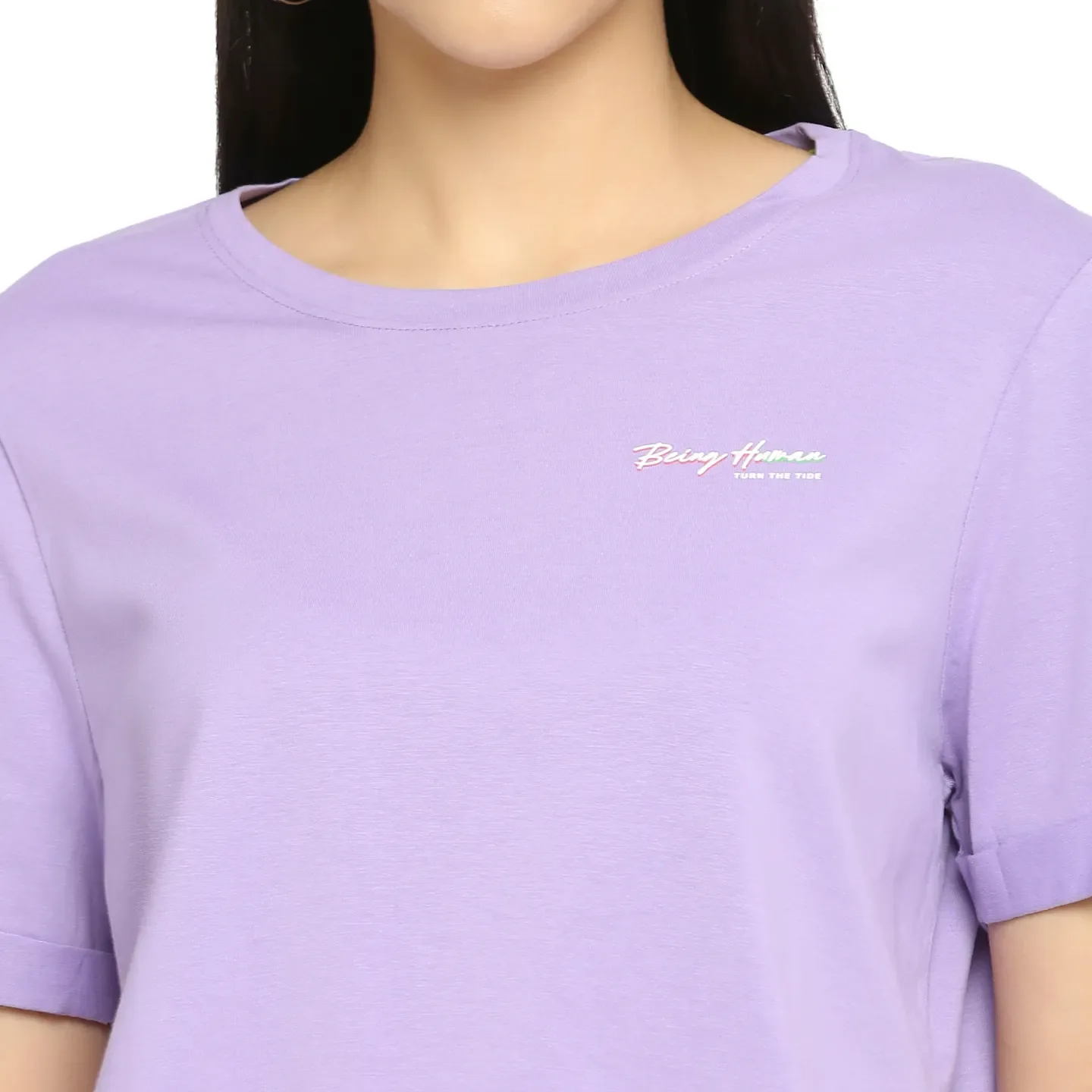 Beige Boxy Fit Round Neck Short Sleeves Cotton Women's T-Shirt by Being Human Clothing - Image 5