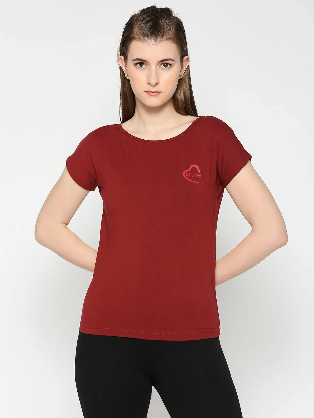 Red Drop Shoulder Basic Fit Round Neck Short Sleeves Women's T-Shirt by Being Human Clothing