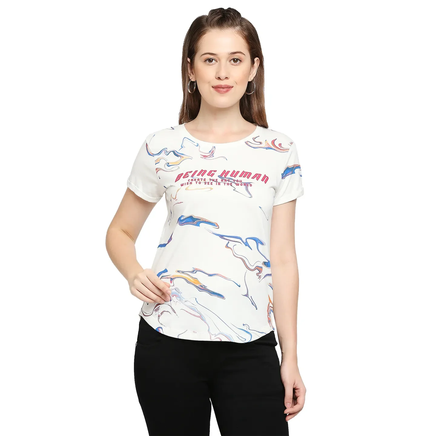 White Easy Fit Round Neck Short Sleeves Cotton Women's T-Shirt by Being Human Clothing