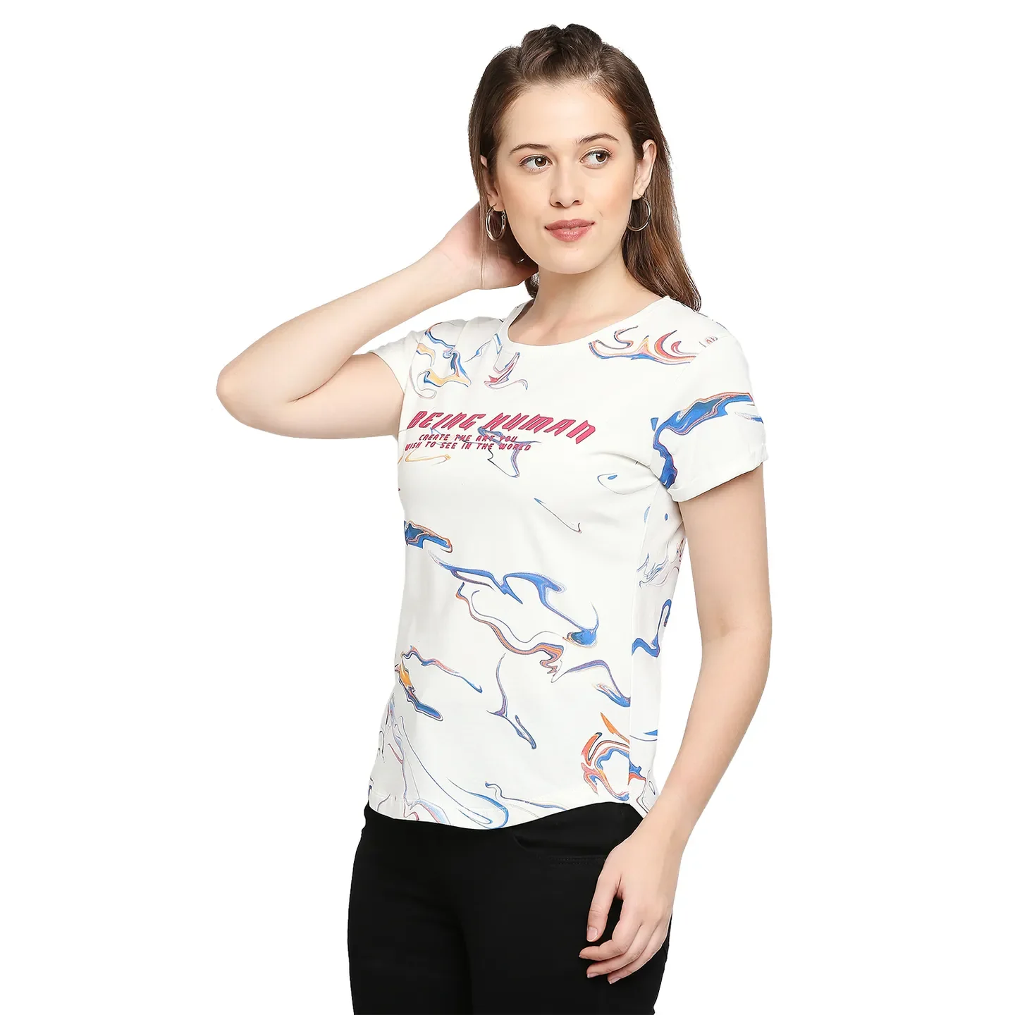 White Easy Fit Round Neck Short Sleeves Cotton Women's T-Shirt by Being Human Clothing - Image 2