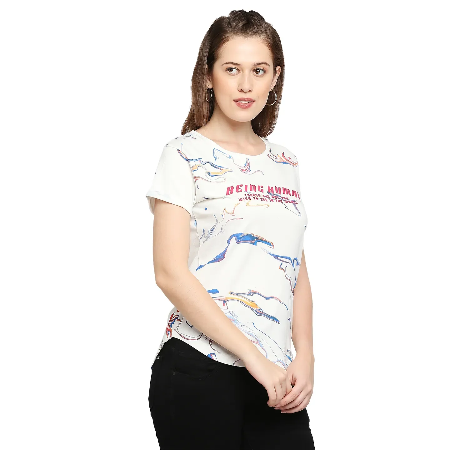 White Easy Fit Round Neck Short Sleeves Cotton Women's T-Shirt by Being Human Clothing - Image 3