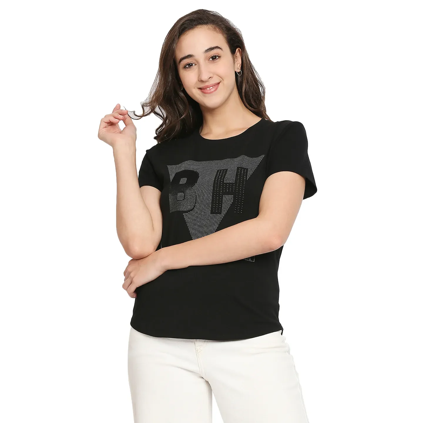 Black Slim Straight Fit Round Neck Short Sleeves Cotton Women's T-Shirt by Being Human Clothing