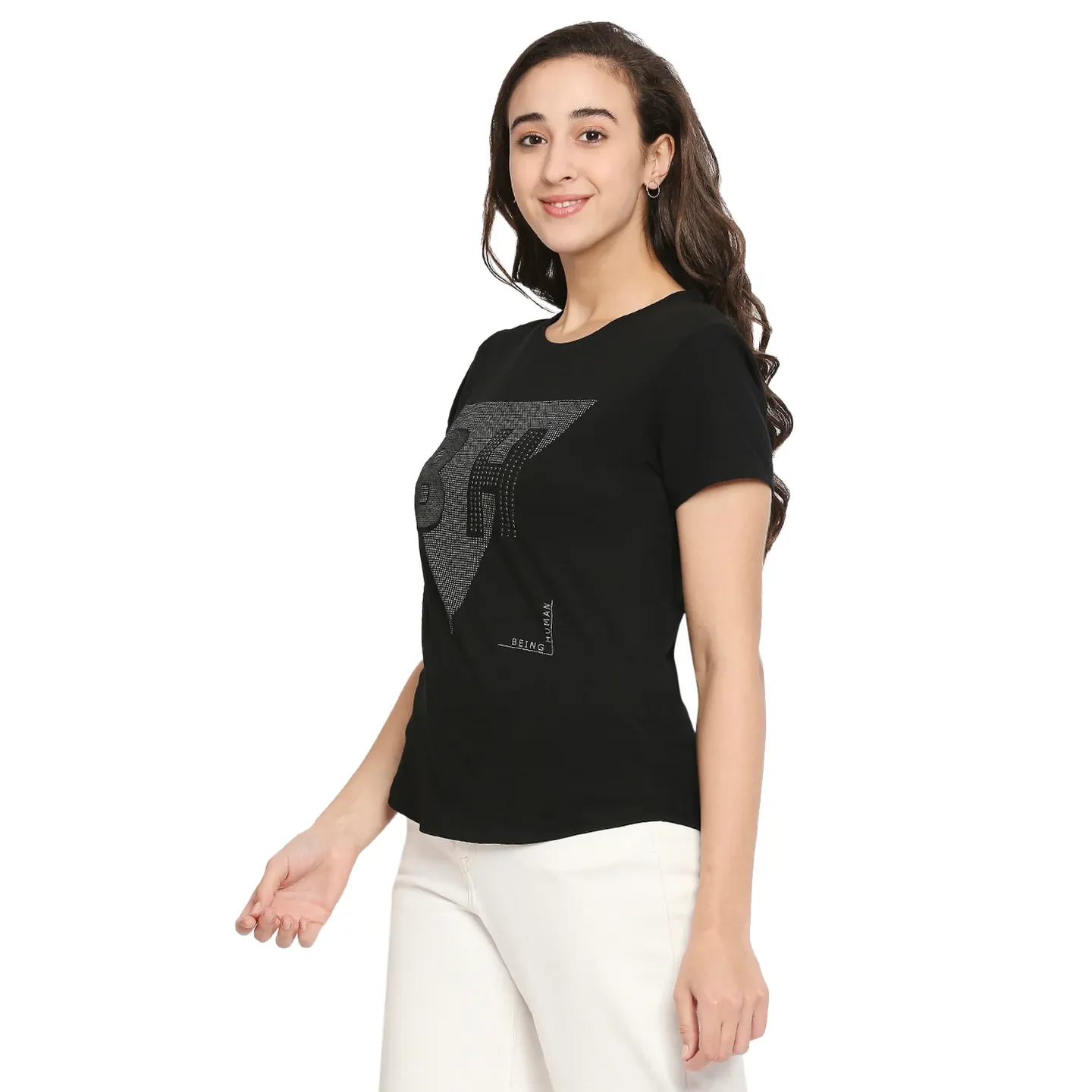 Black Slim Straight Fit Round Neck Short Sleeves Cotton Women's T-Shirt by Being Human Clothing - Image 2