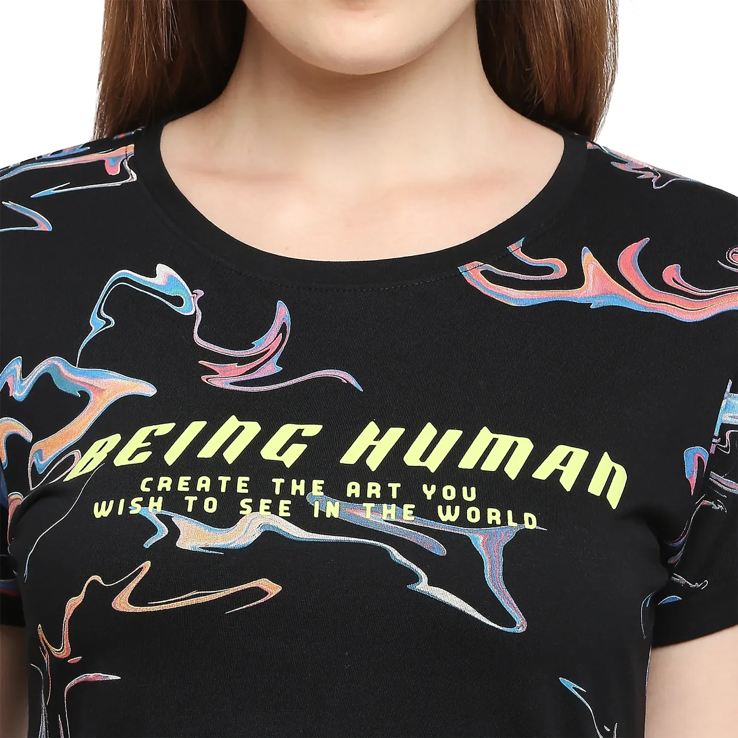 Black Easy Fit Round Neck Short Sleeves Cotton Women's T-Shirt by Being Human Clothing - Image 5