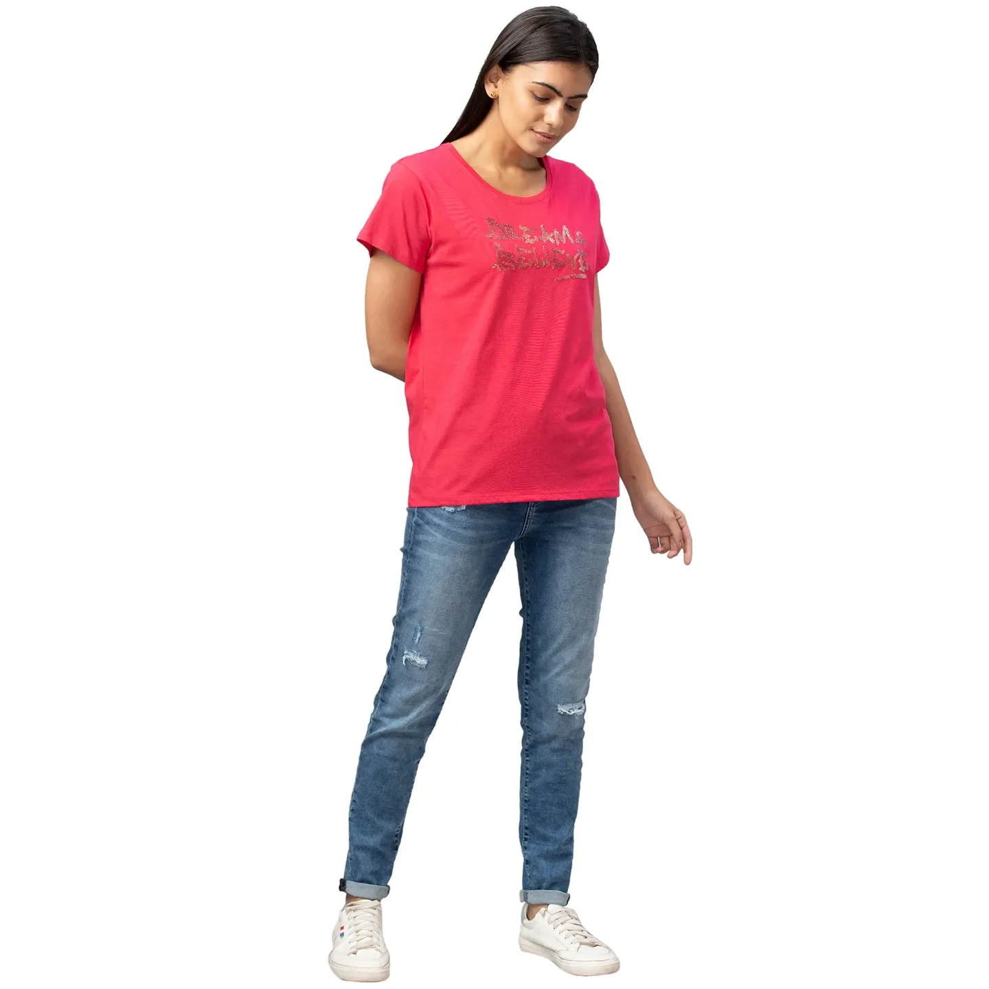 Red Easy Fit Round Neck Short Sleeves Cotton Women's T-Shirt by Being Human Clothing - Image 5