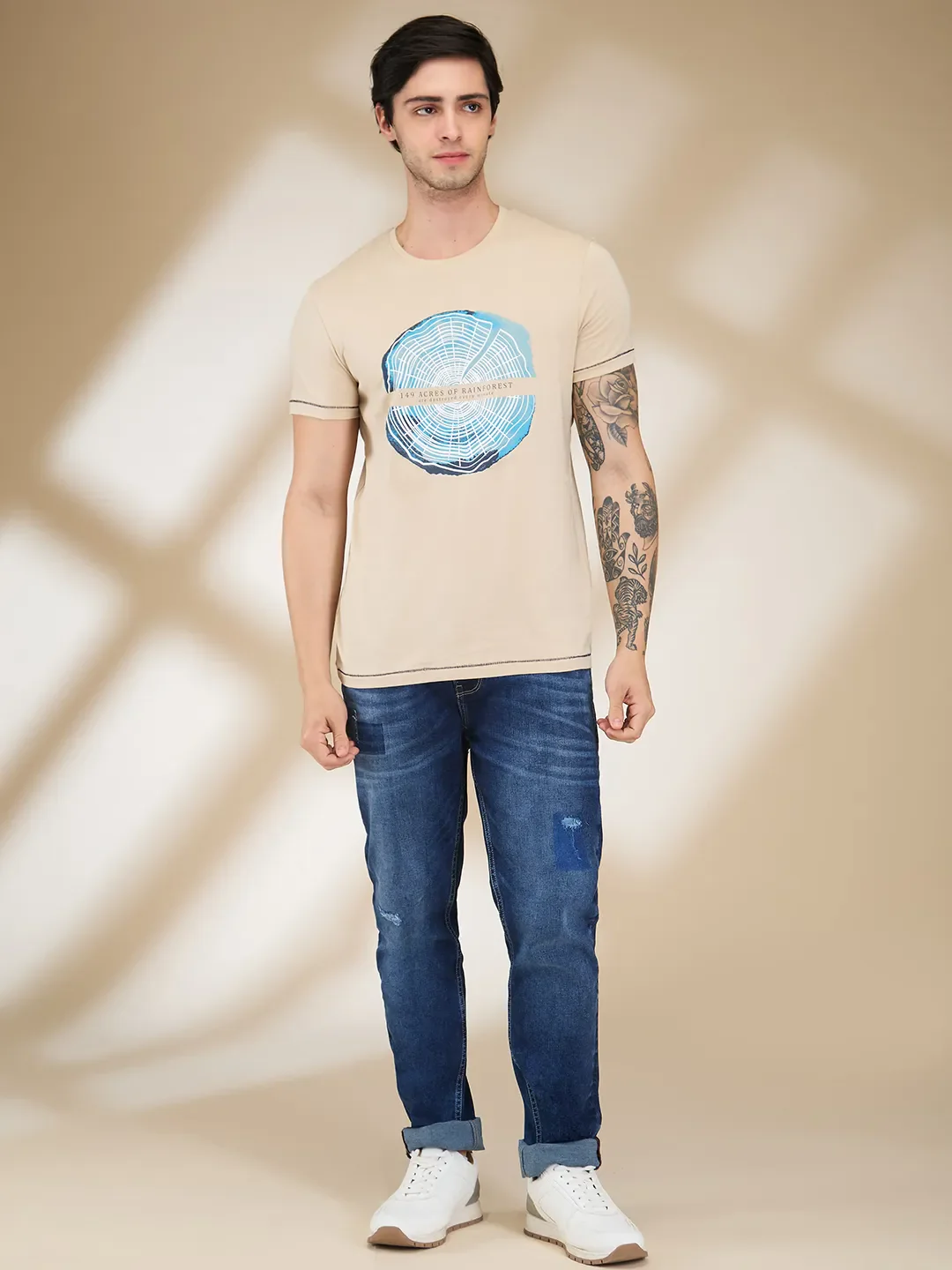 Beige Slim Fit Men's Short Sleeves T-Shirt by Being Human Clothing - Image 2