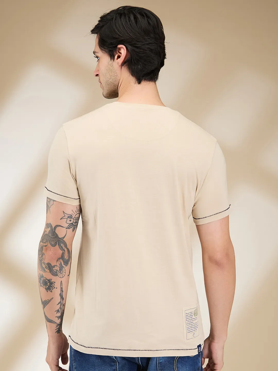 Beige Slim Fit Men's Short Sleeves T-Shirt by Being Human Clothing - Image 3