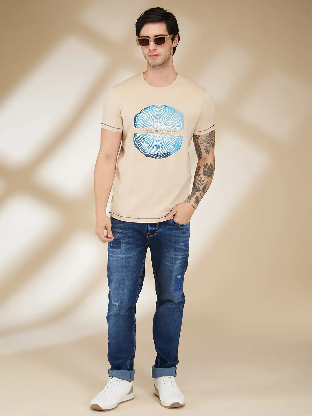 Beige Slim Fit Men's Short Sleeves T-Shirt by Being Human Clothing - Image 6