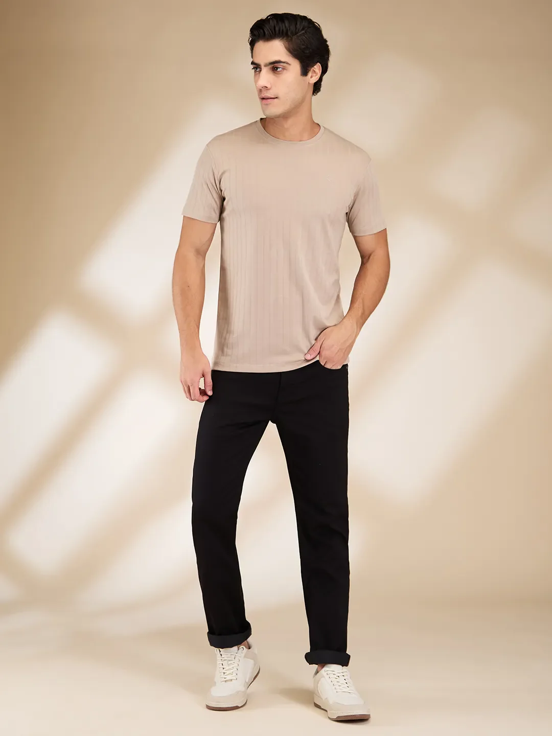 Beige Slim Fit Round Neck Men's T-Shirt by Being Human Clothing - Image 2