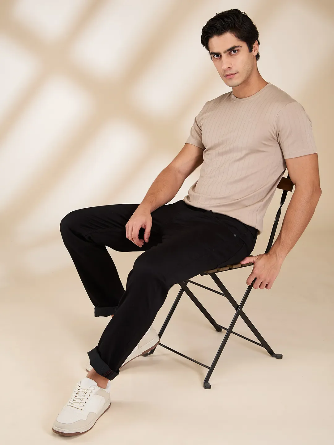 Beige Slim Fit Round Neck Men's T-Shirt by Being Human Clothing - Image 6