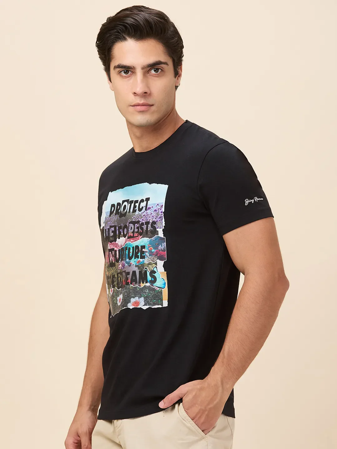 Black Slim Fit Round Neck Men's T-Shirt by Being Human Clothing - Image 4