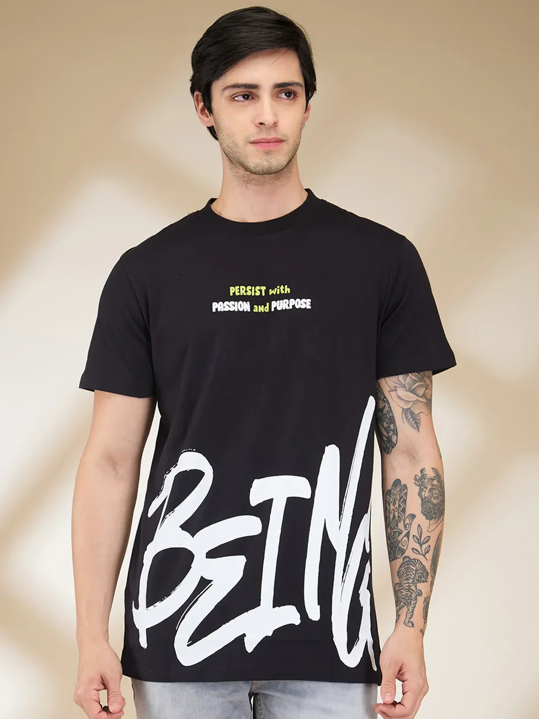 Black Easy Fit Round Neck Men's T-Shirt by Being Human Clothing