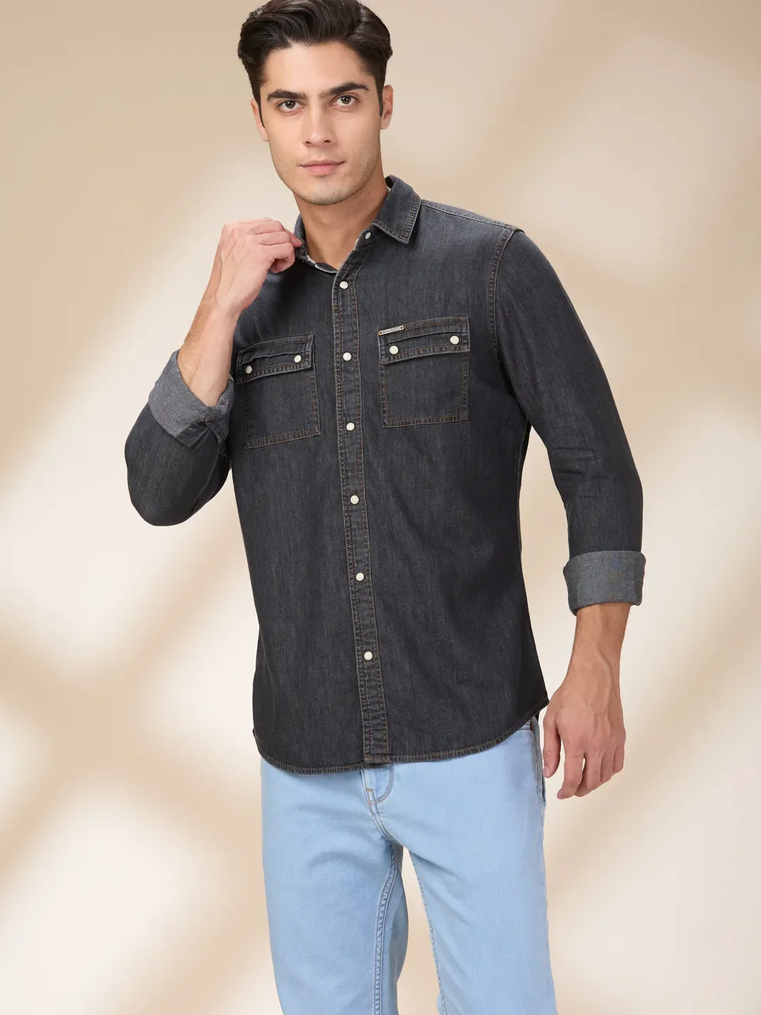 Black Regular Fit Regular Collar Men's Shirt by Being Human Clothing