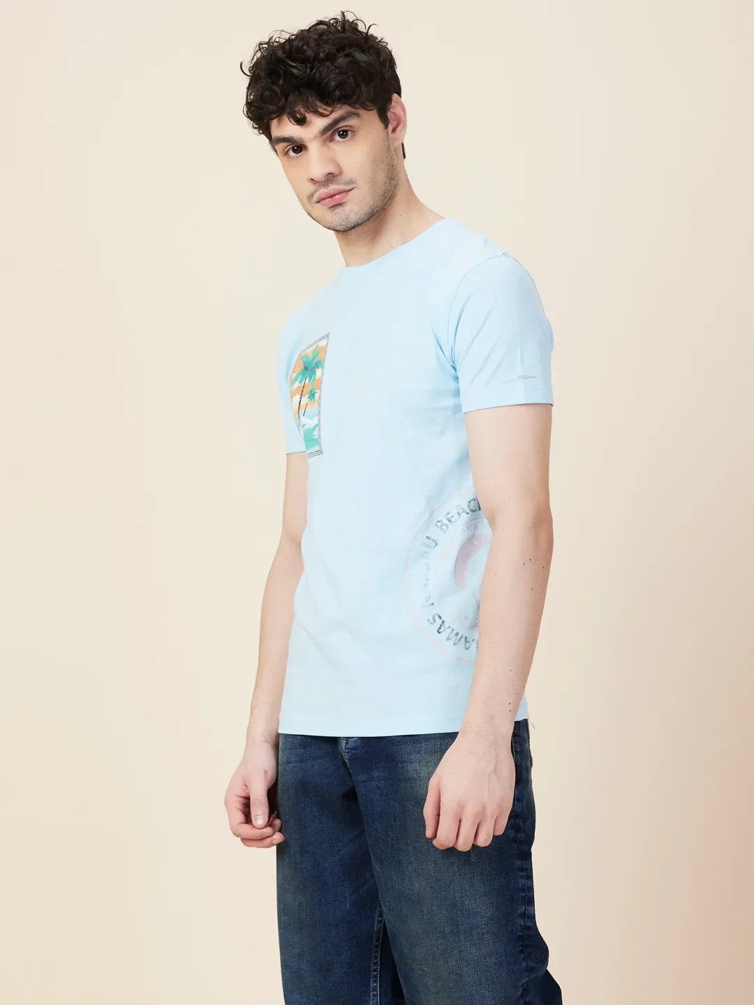 Sky Blue Slim Fit Round Neck Men's T-Shirt by Being Human Clothing - Image 4