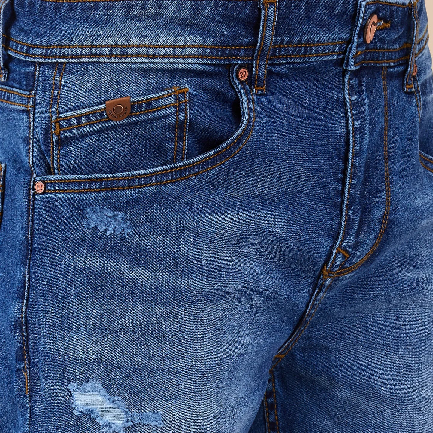 Blue Straight Fit Denims For Men By Being Human Clothing - Image 5