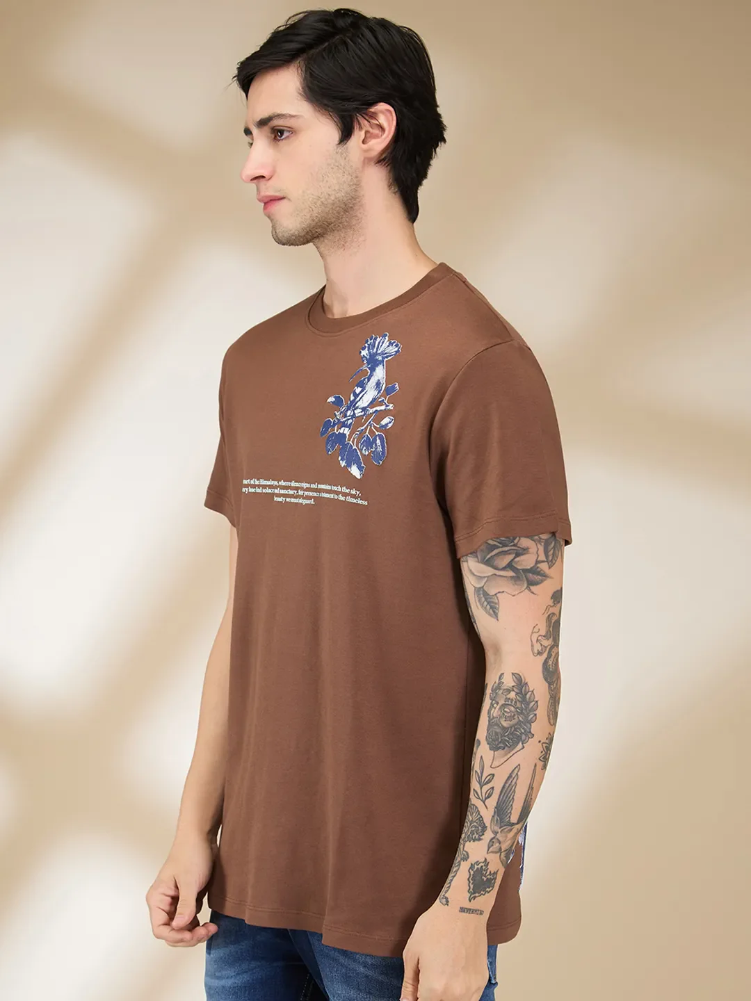 Brown Easy Fit Round Neck Men's T-Shirt by Being Human Clothing - Image 4