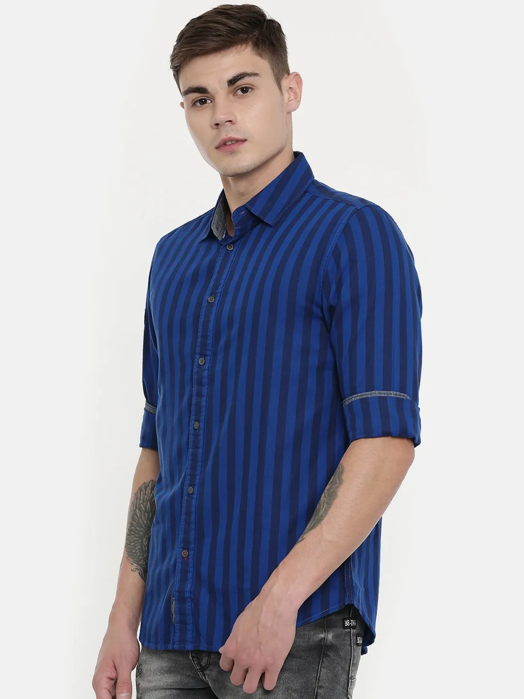 Blue Comfort Fit Regular Collar Long Sleeves Cotton Men's Shirt by Being Human Clothing - Image 4
