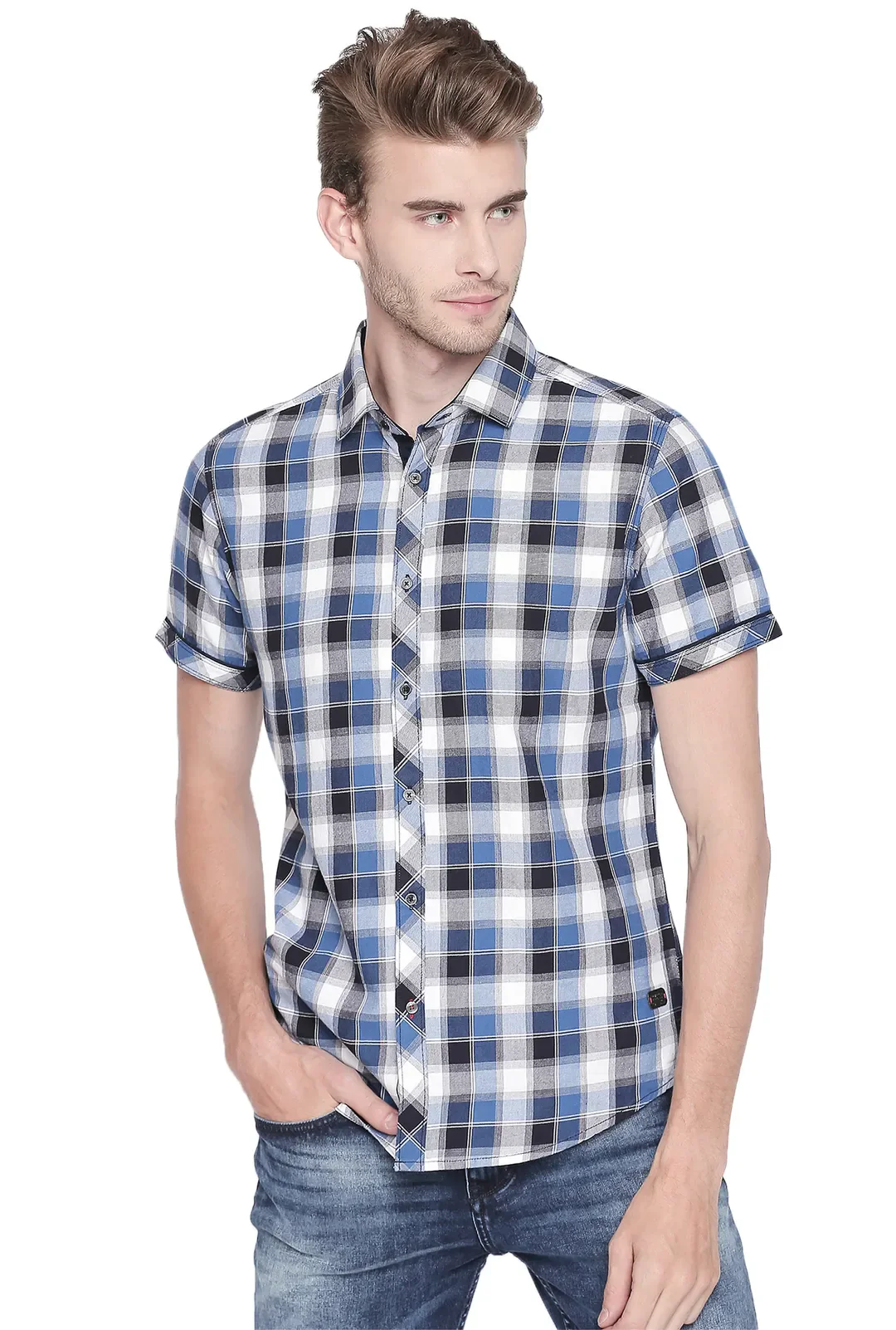Blue Comfort Fit Regular Collar Short Sleeves Cotton Men's Shirt by Being Human Clothing