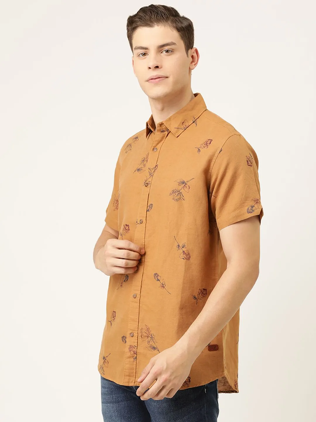 Brown Regular Fit Regular Collar Short Sleeves Linen Men's Shirt by Being Human Clothing - Image 3