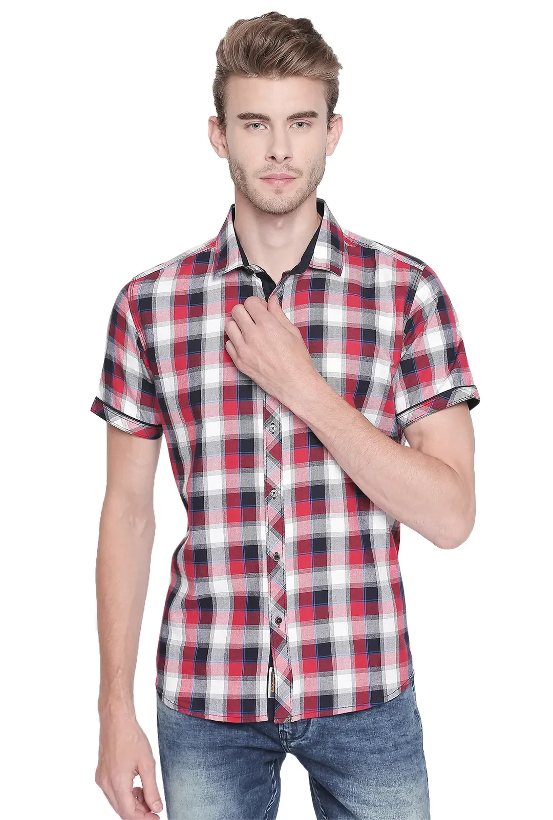 Red Comfort Fit Regular Collar Short Sleeves Cotton Men's Shirt by Being Human Clothing