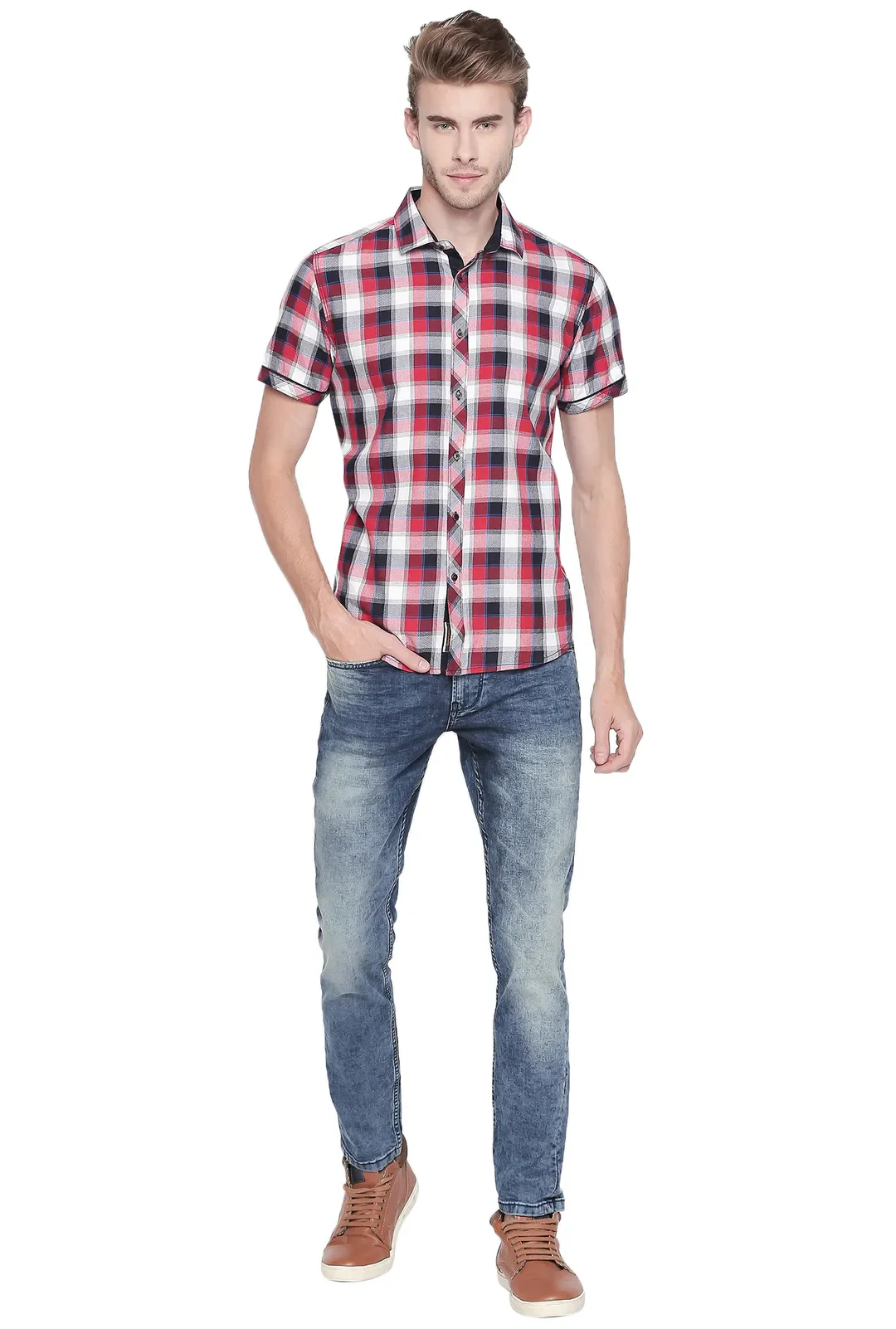 Red Comfort Fit Regular Collar Short Sleeves Cotton Men's Shirt by Being Human Clothing - Image 5