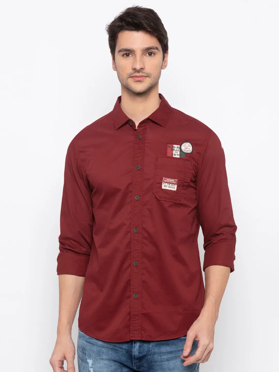 Red Comfort Fit Regular Collar Long Sleeves Cotton Men's Shirt by Being Human Clothing