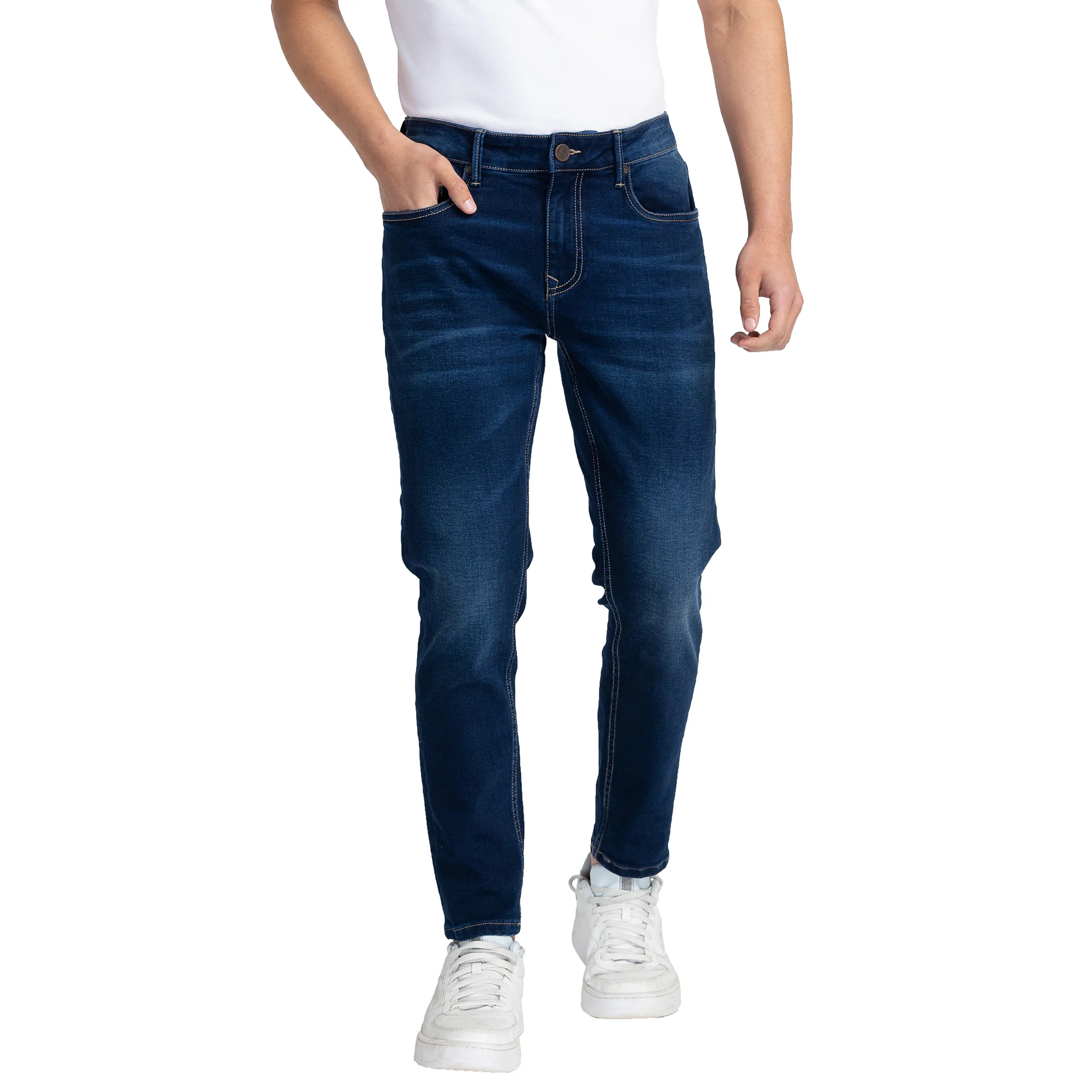 Dark Blue Cropped Fit Denims For Men By Being Human Clothing